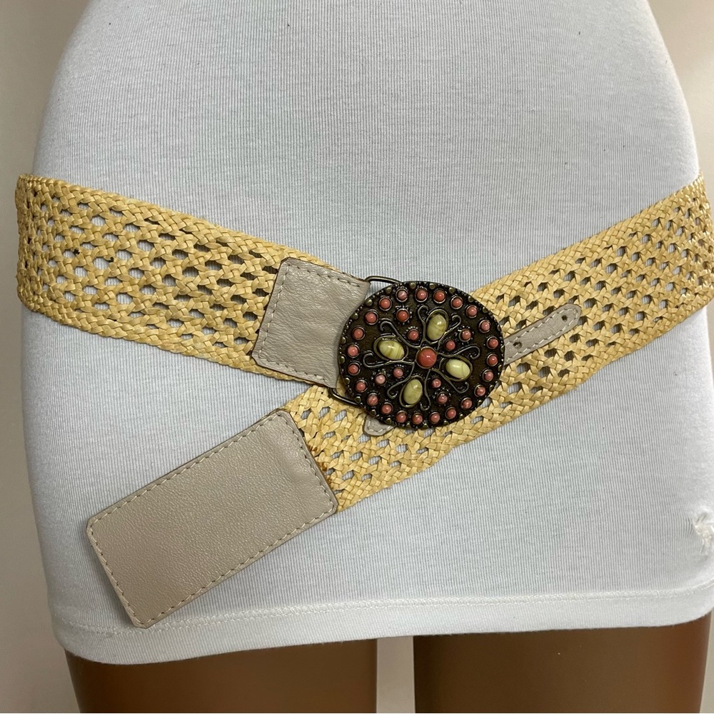 Women's MIRLA BARRIE Beige WOVEN Raffia CORAL Buckle BOHO Bohemian BELT L